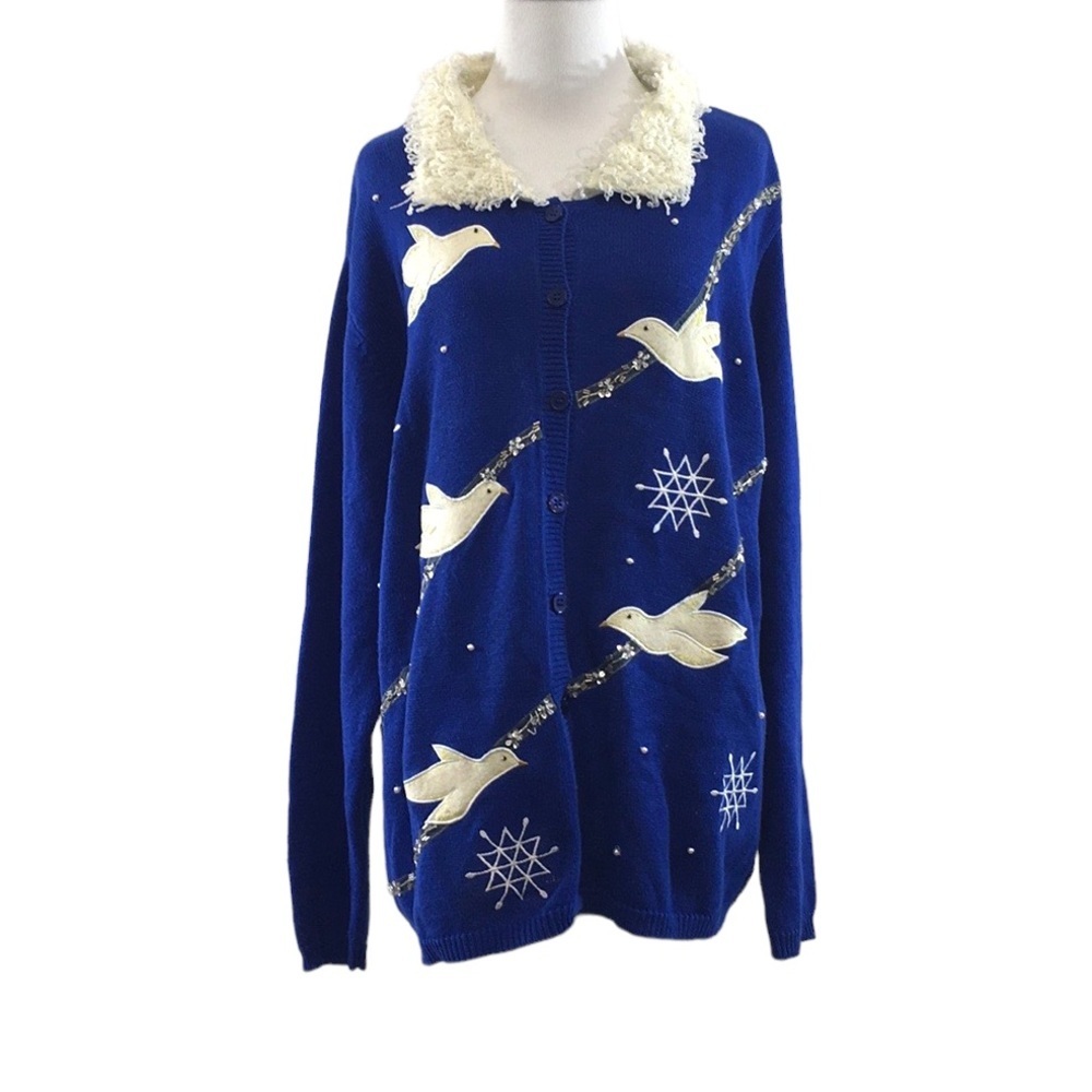 CB Plus Collections Blue Dove Knit Cardigan Womens 2X Holiday‎ Beaded Sweater